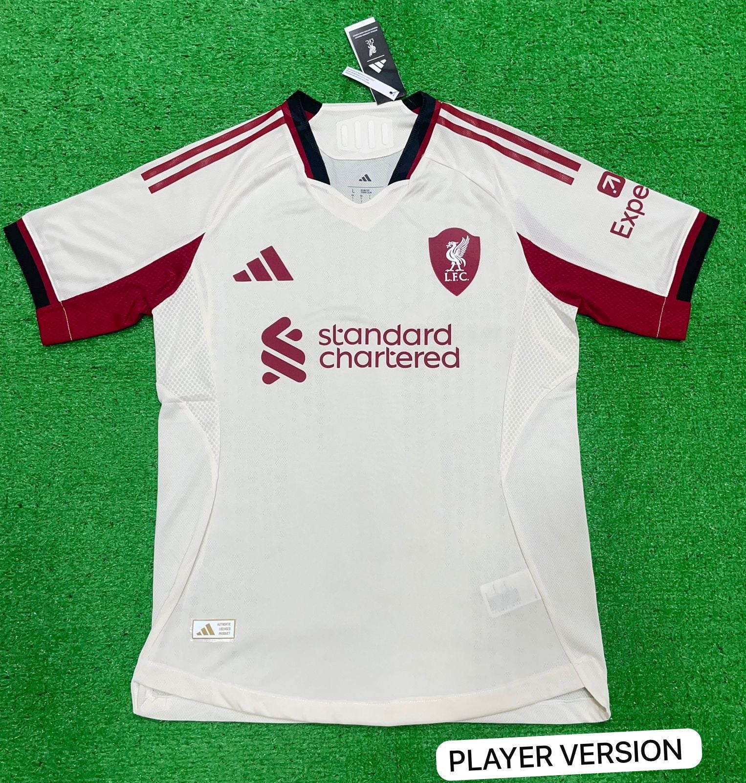2025/26 Liverpool FC away jersey in white with red accents.  Player version