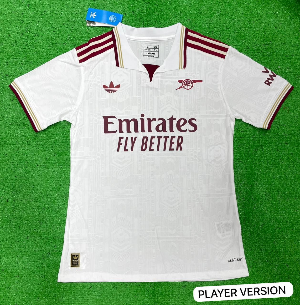 Adidas Arsenal 2025/26 Third Jersey in white with maroon accents, player version.